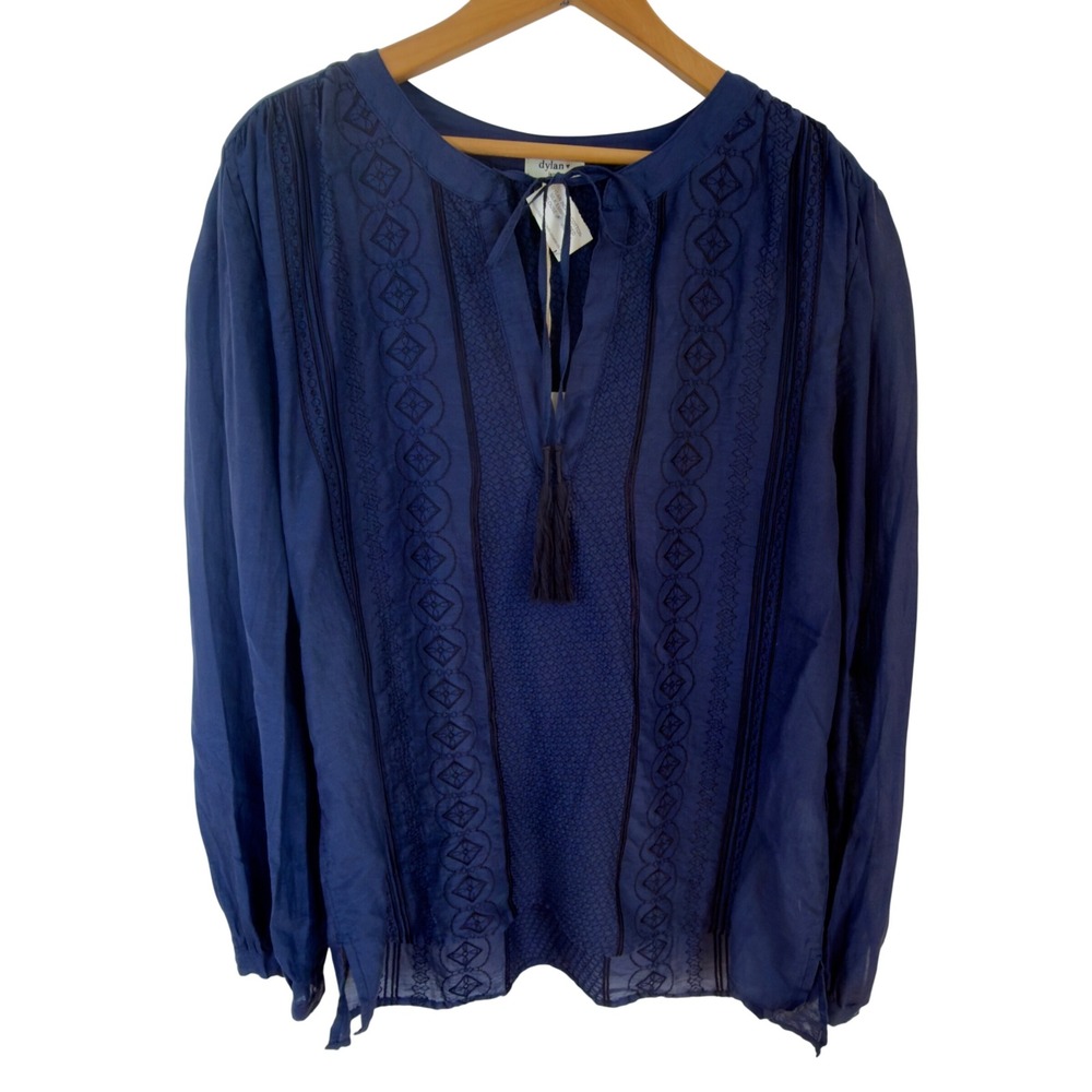 Large Women's Dylan Blue Silk/Cotton Embroidery Blouse‎ Top Shirt Relaxed, Boho